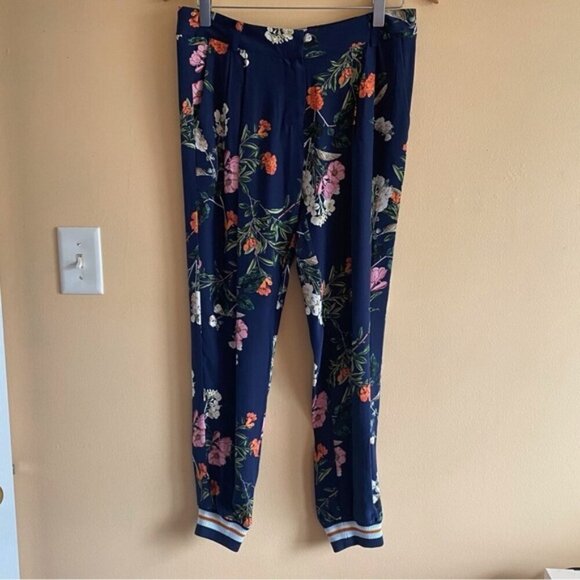 PARKER Pants Woman 2 Malolo Navy Daphne Joggers Silk Floral Mid Rise Pockets - Picture 2 of 16